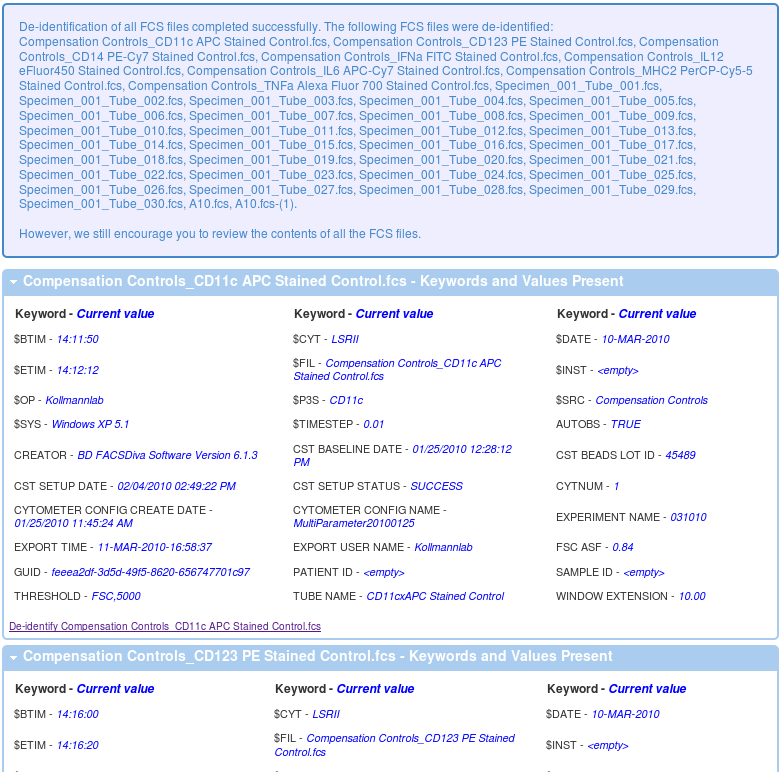 De-identification of FCS files.